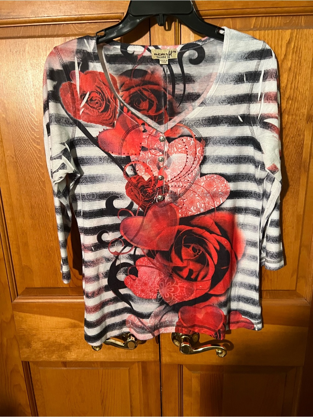 ONE WORLD Black & White Striped V-Neck Top with Red Rose and Heart Motif